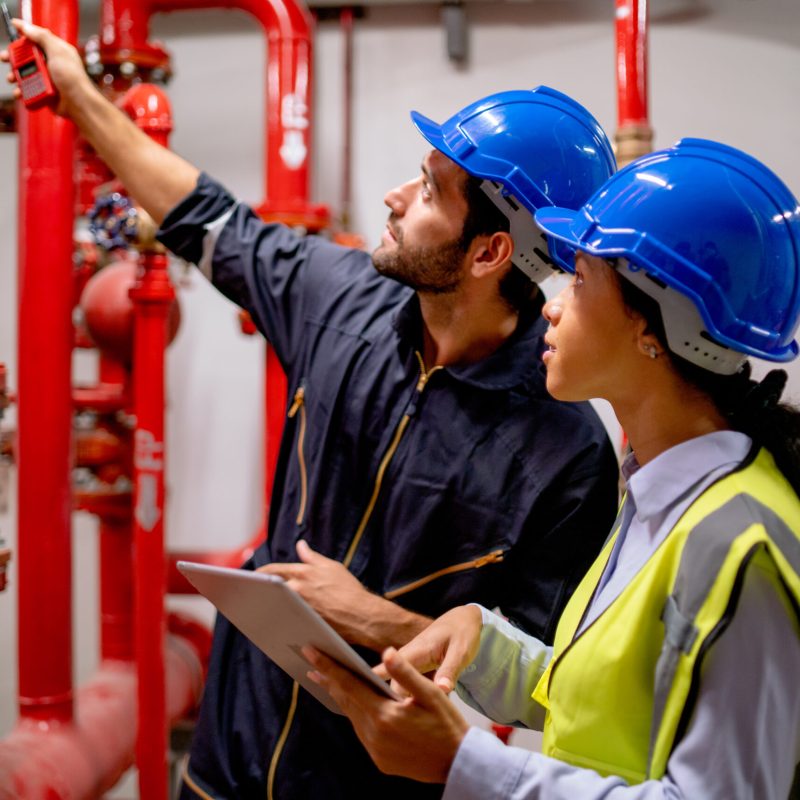 Two engineer or technician worker discuss about red pipe system in the construction site to maintenence and fix the problem together.